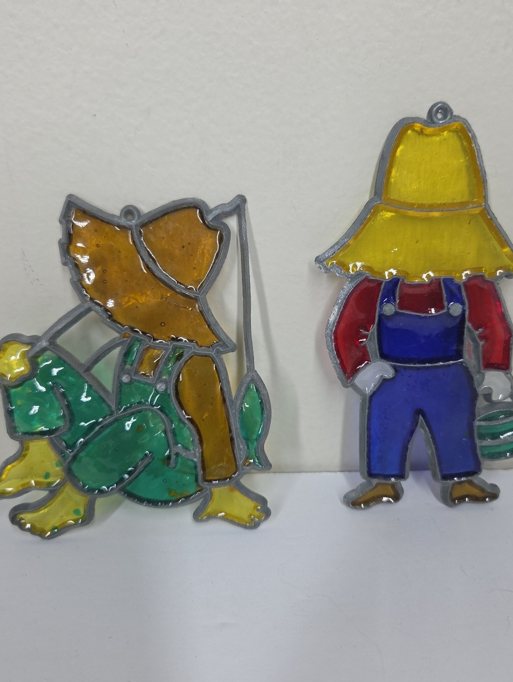 Vtg Faux Stained Glass Farmer With Pail Farmer Fishing Lot Of 2 Country Farm